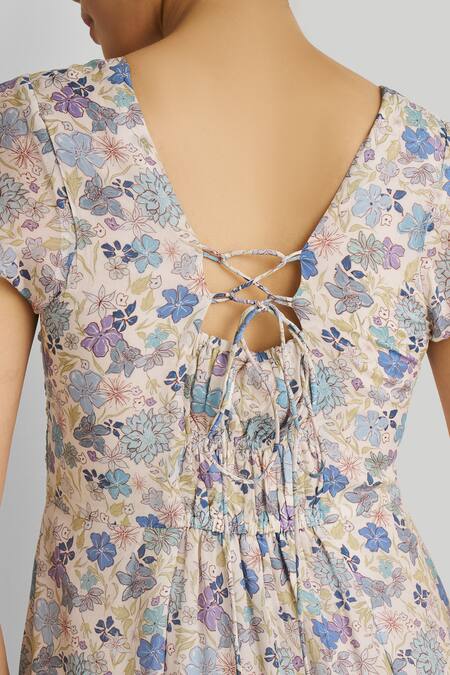 Shop_Reistor_White Crepe, Bamboo Sweetheart Neck Ruched Printed Dress_Online_at_Aza_Fashions