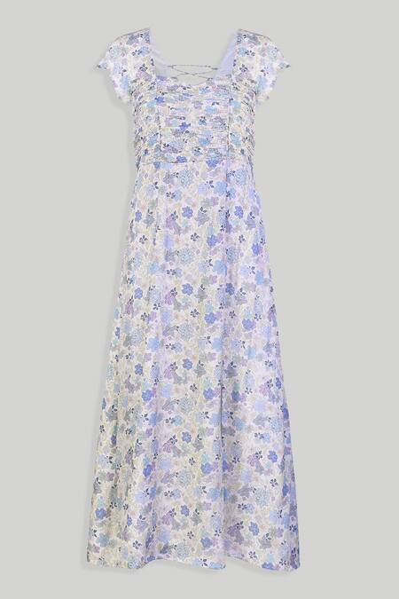 Reistor_White Crepe, Bamboo Sweetheart Neck Ruched Printed Dress_at_Aza_Fashions