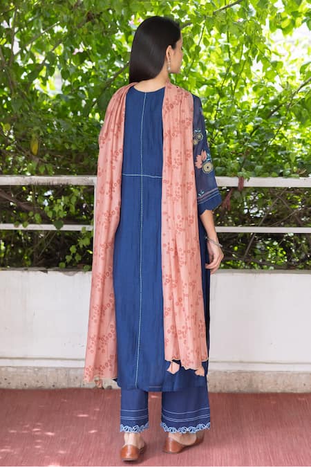 Shop Vaayu Blue Muslin, Cotton Embroidery Round Neck Floral Applique Kurta Pant Set at Aza Fashions Shop_Vaayu_Blue Muslin, Cotton Embroidery Round Neck Floral Applique Kurta Pant Set _at_Aza_Fashions