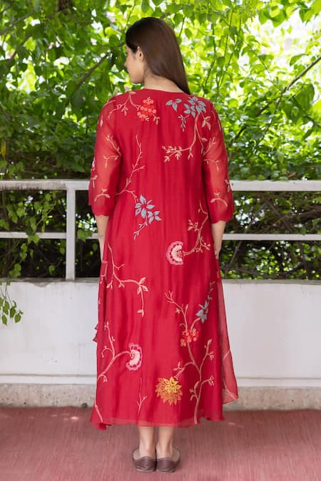 Shop Vaayu Red Muslin Embroidery Open , Round Rafflesia Bloom Jacket With Tunic at Aza Fashions Shop_Vaayu_Red Muslin Embroidery Open , Round Rafflesia Bloom Jacket With Tunic _at_Aza_Fashions