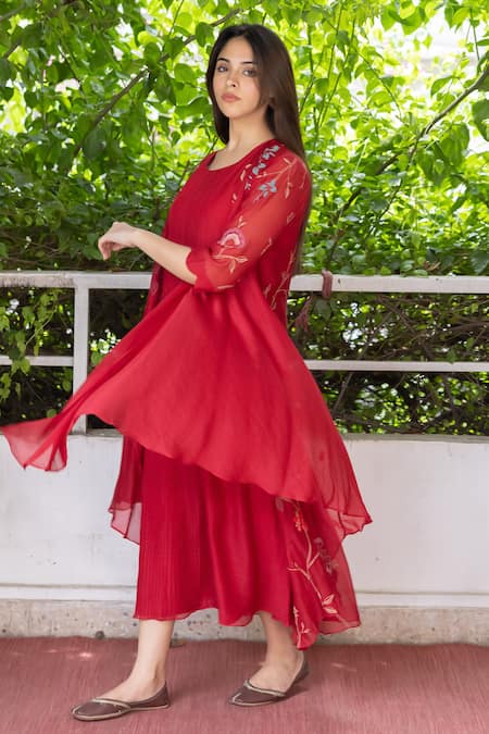Vaayu Red Muslin Embroidery Open , Round Rafflesia Bloom Jacket With Tunic Online at Aza Fashions Vaayu_Red Muslin Embroidery Open , Round Rafflesia Bloom Jacket With Tunic _Online_at_Aza_Fashions
