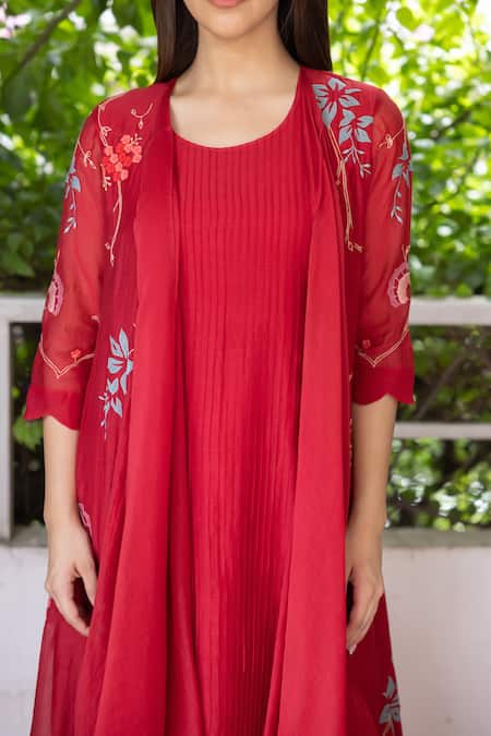 Buy Vaayu Red Muslin Embroidery Open , Round Rafflesia Bloom Jacket With Tunic Online at Aza Fashions Buy_Vaayu_Red Muslin Embroidery Open , Round Rafflesia Bloom Jacket With Tunic _Online_at_Aza_Fashions