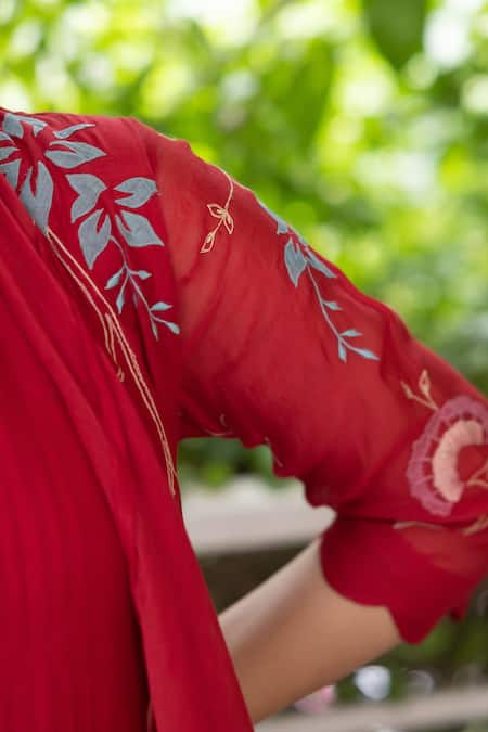 Shop Vaayu Red Muslin Embroidery Open , Round Rafflesia Bloom Jacket With Tunic Online at Aza Fashions Shop_Vaayu_Red Muslin Embroidery Open , Round Rafflesia Bloom Jacket With Tunic _Online_at_Aza_Fashions
