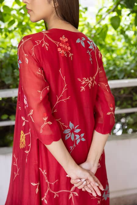 Vaayu Red Muslin Embroidery Open , Round Rafflesia Bloom Jacket With Tunic at Aza Fashions Vaayu_Red Muslin Embroidery Open , Round Rafflesia Bloom Jacket With Tunic _at_Aza_Fashions