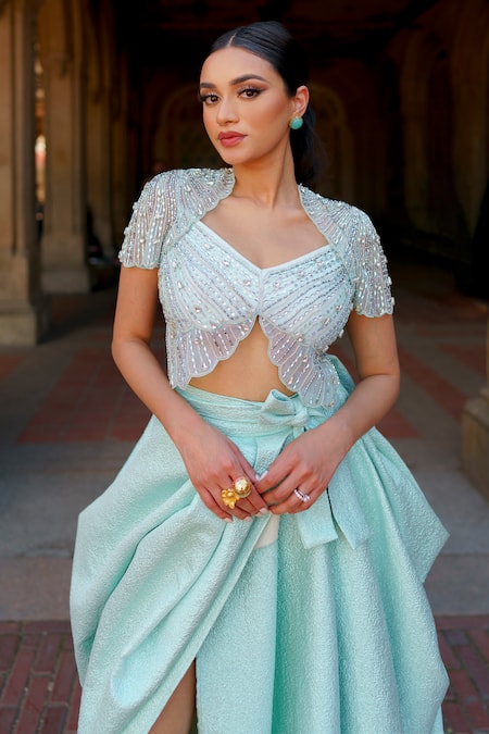 Papa Don't Preach Pret Cloud Embellished Bralette & Draped Skirt Set 