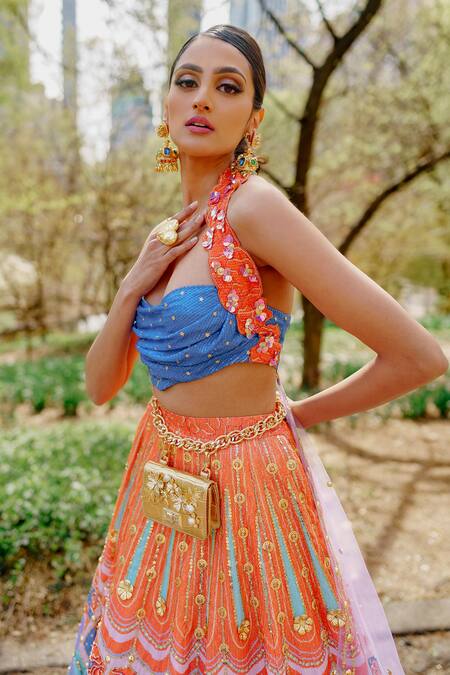 Papa Don't Preach Pret_Purple Silk Sequins, Beads Halter Serenity Printed Lehenga And Embroidered Top Set _Online_at_Aza_Fashions