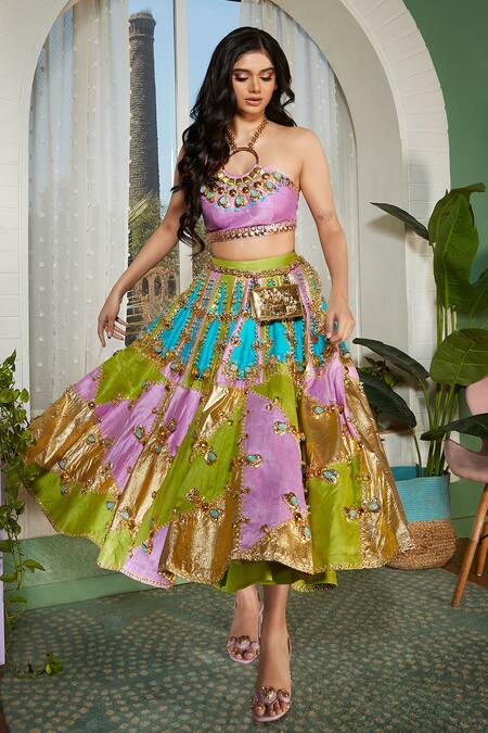 Papa Don't Preach Multi Color Silk Embroidery Halter Neck Twilight Block Lehenga And Blouse Set Online at Aza Fashions Papa Don't Preach_Multi Color Silk Embroidery Halter Neck Twilight Block Lehenga And Blouse Set _Online_at_Aza_Fashions