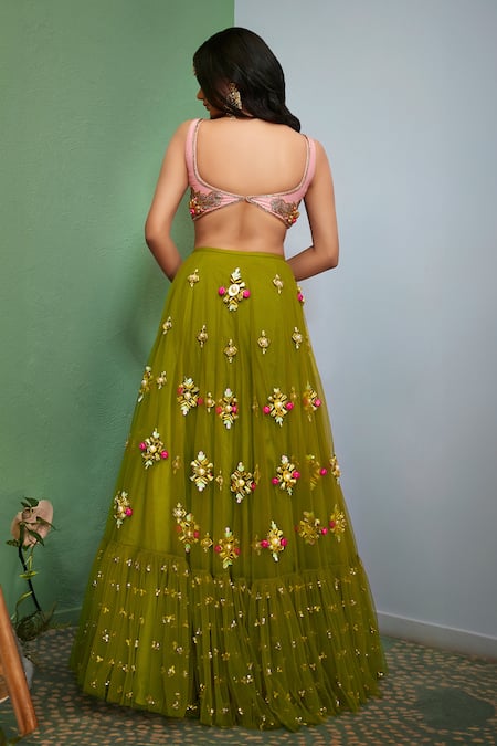 Papa Don't Preach Olivine Floral Embroidered Lehenga Set 