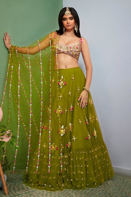 Papa Don't Preach Green Silk, Tulle, Denim Beads, Embroidery Scoop Olivine Floral Lehenga Set Online at Aza Fashions Papa Don't Preach_Green Silk, Tulle, Denim Beads, Embroidery Scoop Olivine Floral Lehenga Set _Online_at_Aza_Fashions
