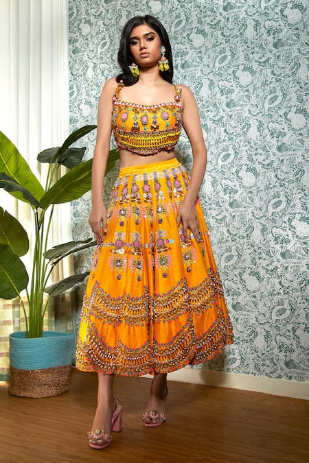 Papa Don't Preach Yellow Raw Silk Embellished Glass Stones Bumblebee Lehenga And Blouse Set 