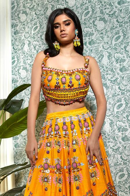 Papa Dont Preach_Yellow Silk Embroidery, Beads Bumblebee Embellished Lehenga And Blouse Set_Online_at_Aza_Fashions