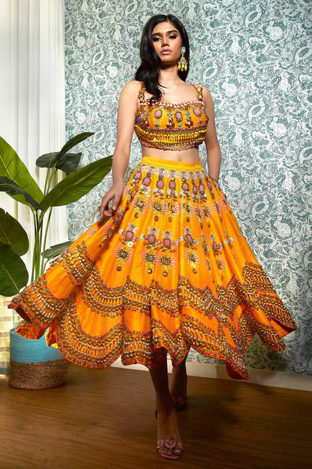 Buy_Papa Dont Preach_Yellow Silk Embroidery, Beads Bumblebee Embellished Lehenga And Blouse Set_Online_at_Aza_Fashions