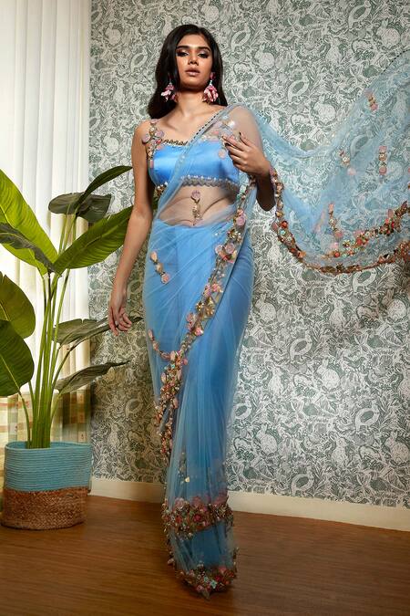 Buy_Papa Don't Preach_Blue Tulle, Satin, Linen Sequins, Time For You Pre-stitched Saree With Blouse _Online_at_Aza_Fashions