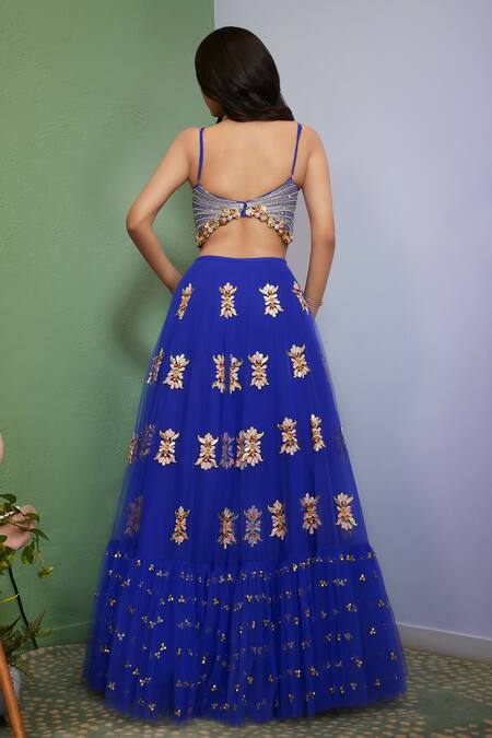 Shop Papa Dont Preach Blue Tulle Embroidery Plunge Neck Artworq Embellished Lehenga Set at Aza Fashions Shop_Papa Dont Preach_Blue Tulle Embroidery Plunge Neck Artworq Embellished Lehenga Set_at_Aza_Fashions