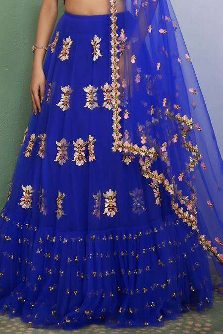 Papa Dont Preach Blue Tulle Embroidery Plunge Neck Artworq Embellished Lehenga Set Online at Aza Fashions Papa Dont Preach_Blue Tulle Embroidery Plunge Neck Artworq Embellished Lehenga Set_Online_at_Aza_Fashions