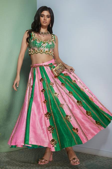 Papa Dont Preach_Fuchsia Silk Beads, Sequins, Embellished Striped Colorblock Lehenga And Blouse Set_Online_at_Aza_Fashions