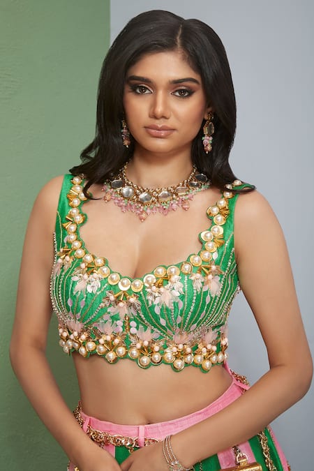 Buy_Papa Dont Preach_Fuchsia Silk Beads, Sequins, Embellished Striped Colorblock Lehenga And Blouse Set_Online_at_Aza_Fashions