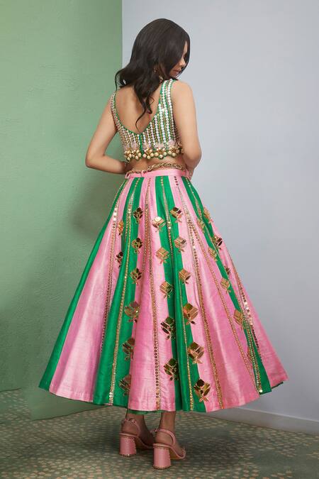Shop_Papa Dont Preach_Fuchsia Silk Beads, Sequins, Embellished Striped Colorblock Lehenga And Blouse Set_Online_at_Aza_Fashions