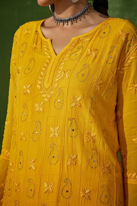 Shop_House Of Chikankari_Yellow Georgette Embroidery Chikankari Meher Paisley Kurta Set _Online_at_Aza_Fashions