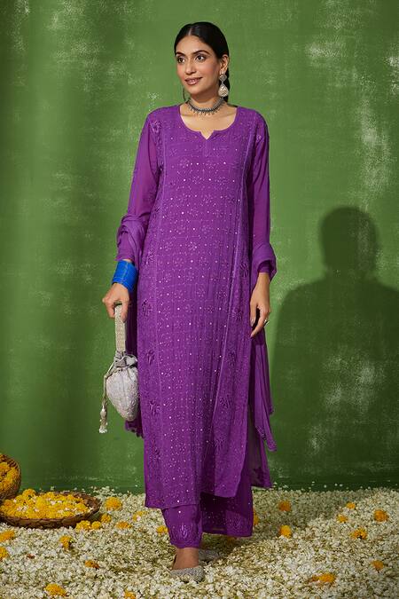 House Of Chikankari_Purple Georgette Embroidery Chikankari Tear Shiza Work Kurta Pant Set _Online_at_Aza_Fashions