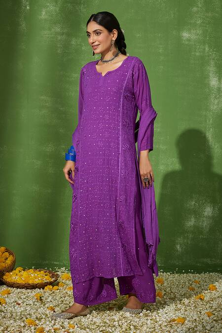 Buy_House Of Chikankari_Purple Georgette Embroidery Chikankari Tear Shiza Work Kurta Pant Set _Online_at_Aza_Fashions