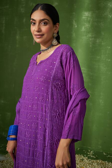 Shop_House Of Chikankari_Purple Georgette Embroidery Chikankari Tear Shiza Work Kurta Pant Set _Online_at_Aza_Fashions
