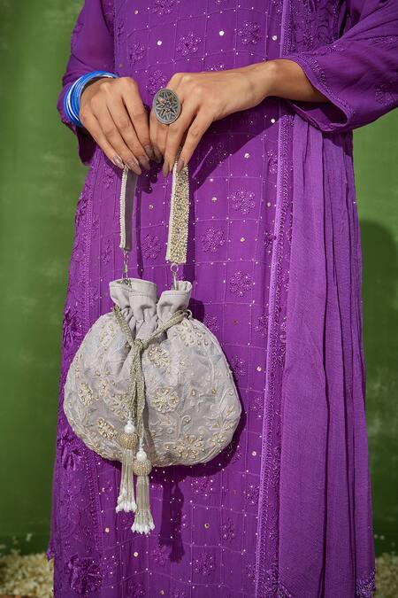 House Of Chikankari_Purple Georgette Embroidery Chikankari Tear Shiza Work Kurta Pant Set _at_Aza_Fashions