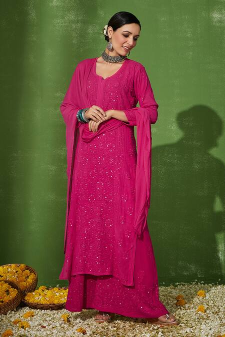 House Of Chikankari_Pink Georgette Embroidery Chikankari U Safina Floral Kurta Pant Set _Online_at_Aza_Fashions