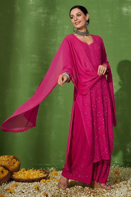 Buy_House Of Chikankari_Pink Georgette Embroidery Chikankari U Safina Floral Kurta Pant Set _Online_at_Aza_Fashions