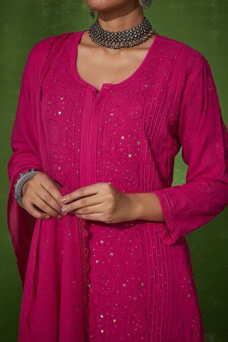 Shop_House Of Chikankari_Pink Georgette Embroidery Chikankari U Safina Floral Kurta Pant Set _Online_at_Aza_Fashions