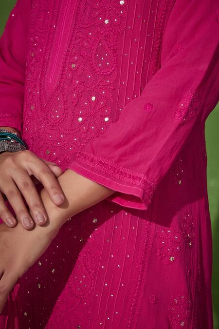 House Of Chikankari_Pink Georgette Embroidery Chikankari U Safina Floral Kurta Pant Set _at_Aza_Fashions