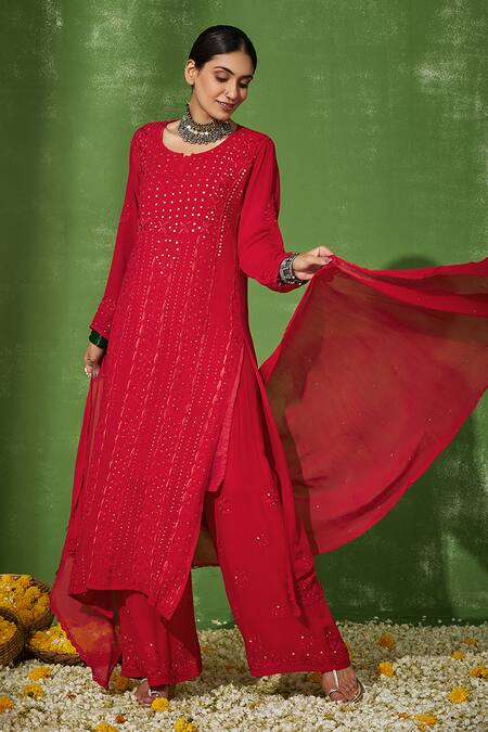 House Of Chikankari_Red Georgette Embroidery Chikankari Round Taibah Work Kurta Pant Set _Online_at_Aza_Fashions