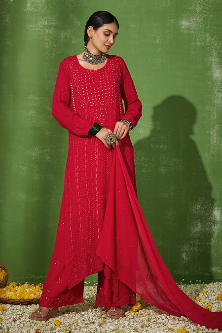 Buy_House Of Chikankari_Red Georgette Embroidery Chikankari Round Taibah Work Kurta Pant Set _Online_at_Aza_Fashions