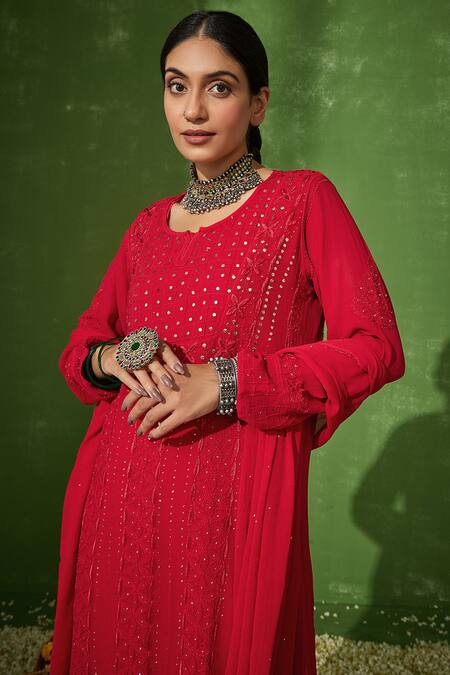 Shop_House Of Chikankari_Red Georgette Embroidery Chikankari Round Taibah Work Kurta Pant Set _Online_at_Aza_Fashions