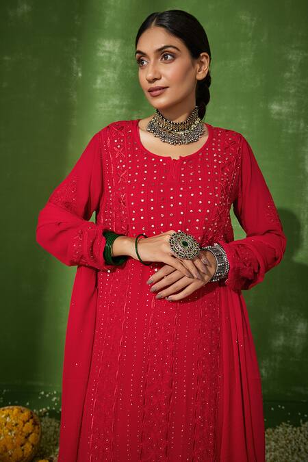 House Of Chikankari_Red Georgette Embroidery Chikankari Round Taibah Work Kurta Pant Set _at_Aza_Fashions