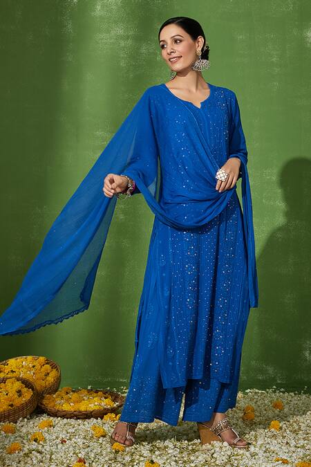 House Of Chikankari_Blue Georgette Embroidery Chikankari Shumaya Floral Kurta Pant Set _Online_at_Aza_Fashions