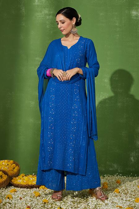 Buy_House Of Chikankari_Blue Georgette Embroidery Chikankari Shumaya Floral Kurta Pant Set _Online_at_Aza_Fashions