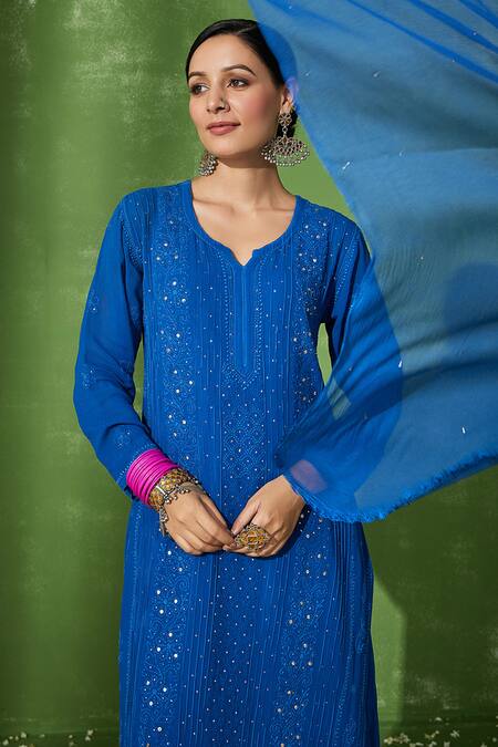 Shop_House Of Chikankari_Blue Georgette Embroidery Chikankari Shumaya Floral Kurta Pant Set _Online_at_Aza_Fashions