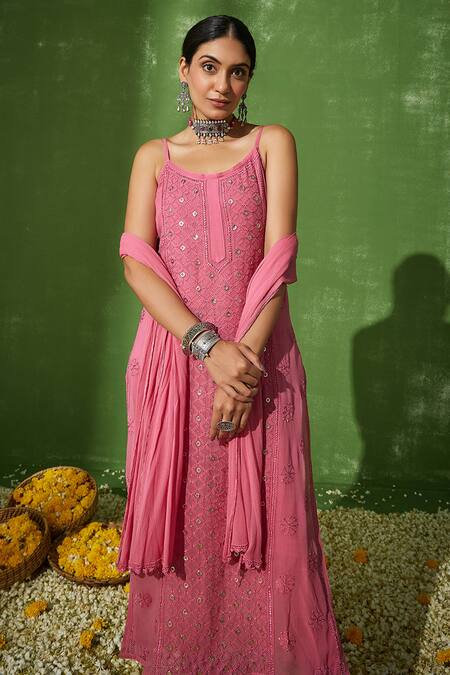 Buy_House Of Chikankari_Pink Georgette Embroidery Chikankari Ruhina Trellis Kurta Pant Set _Online_at_Aza_Fashions