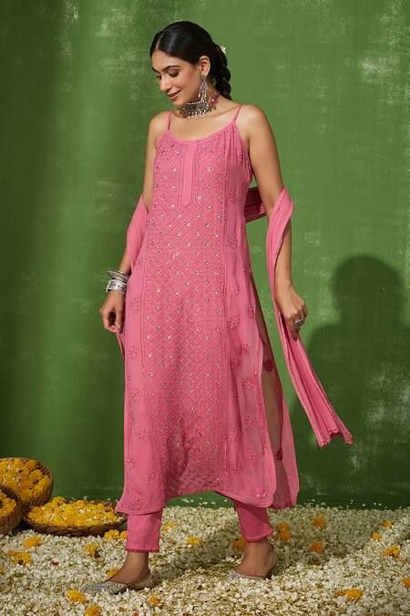 Shop_House Of Chikankari_Pink Georgette Embroidery Chikankari Ruhina Trellis Kurta Pant Set _Online_at_Aza_Fashions