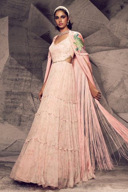 Archana Kochhar_Pink Georgette, Silk Tassels, Tiered Anarkali With Floral Pattern Cape _Online_at_Aza_Fashions