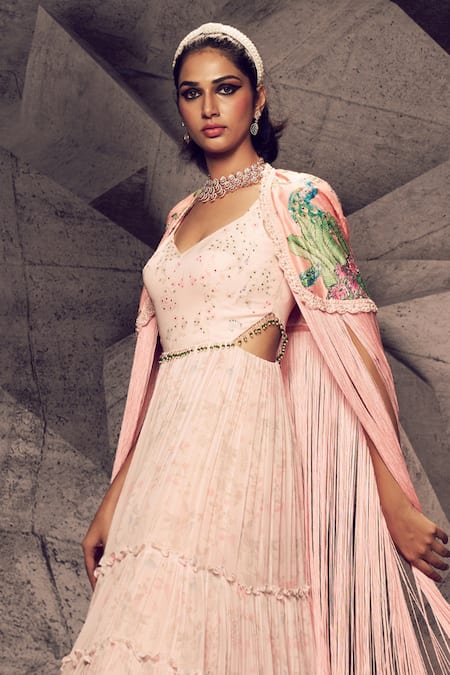 Buy_Archana Kochhar_Pink Georgette, Silk Tassels, Tiered Anarkali With Floral Pattern Cape _Online_at_Aza_Fashions