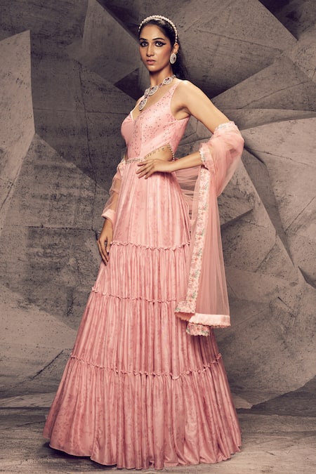 Archana Kochhar_Pink Georgette, Net Tassels Plunge Floral Print Tiered Anarkali With Dupatta _Online_at_Aza_Fashions