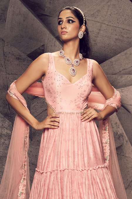 Buy_Archana Kochhar_Pink Georgette, Net Tassels Plunge Floral Print Tiered Anarkali With Dupatta _Online_at_Aza_Fashions