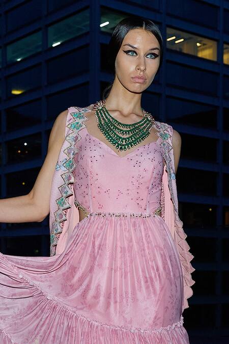 Archana Kochhar_Pink Georgette Embroidery, Sequins Tiered Anarkali With Botanic Pattern Jacket _Online_at_Aza_Fashions