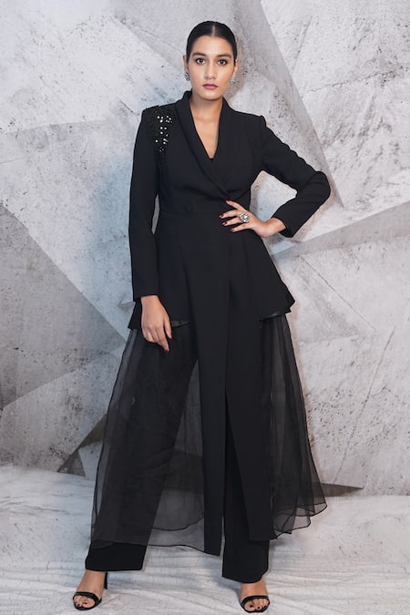 Archana Kochhar Black Net, Silk, Cotton Beads, Stones, Placement Embellished Blazer And Pant Set 
