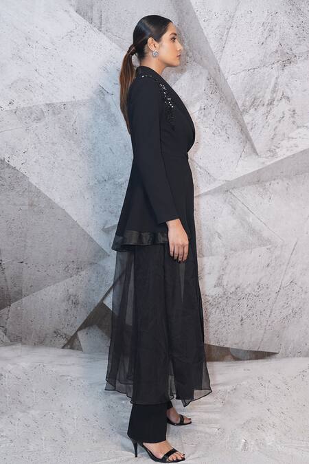 Buy_Archana Kochhar_Black Net, Silk, Cotton Beads, Stones, Placement Embellished Blazer And Pant Set _Online_at_Aza_Fashions