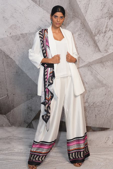 Archana Kochhar Ivory Italian Suiting Fabric Printed Geometric Blazer Lapel Draped And Pant Set 