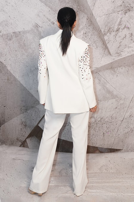 Shop Archana Kochhar Ivory Cotton Sequins, Stones Embroidered Blazer And Pant Set at Aza Fashions Shop_Archana Kochhar_Ivory Cotton Sequins, Stones Embroidered Blazer And Pant Set _at_Aza_Fashions