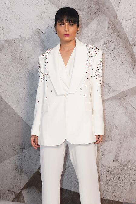 Archana Kochhar Ivory Cotton Sequins, Stones Embroidered Blazer And Pant Set Online at Aza Fashions Archana Kochhar_Ivory Cotton Sequins, Stones Embroidered Blazer And Pant Set _Online_at_Aza_Fashions